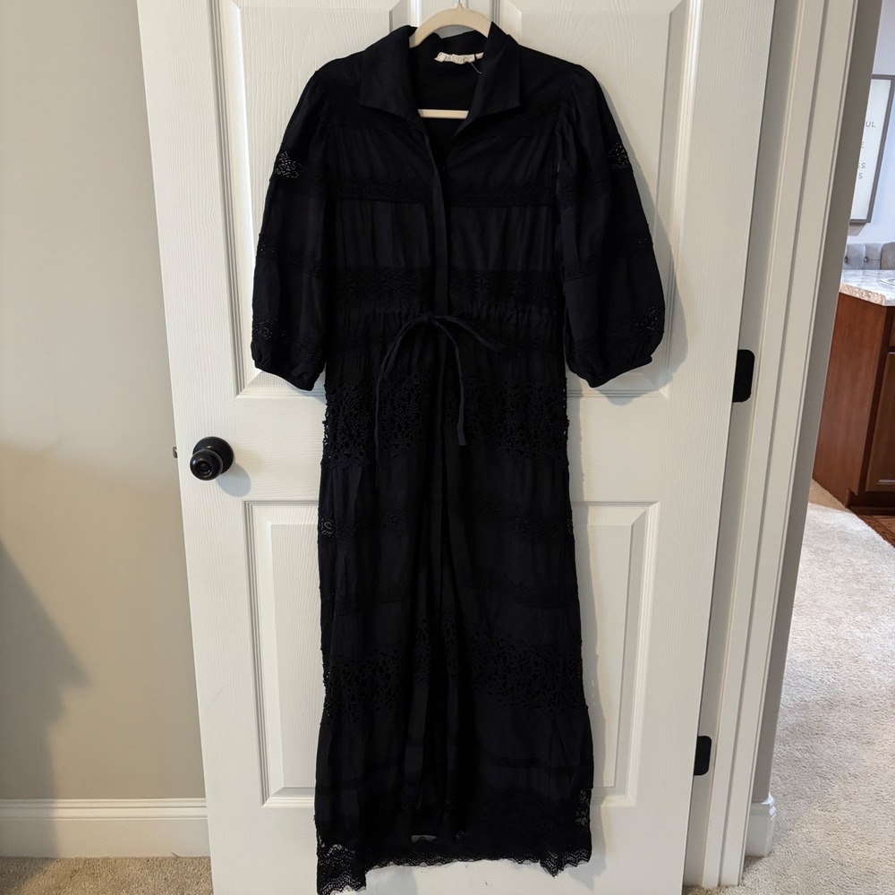Forever That Girl Anthropologie Black Crochet Lace Cotton Midi Dress XS Puff Slv
